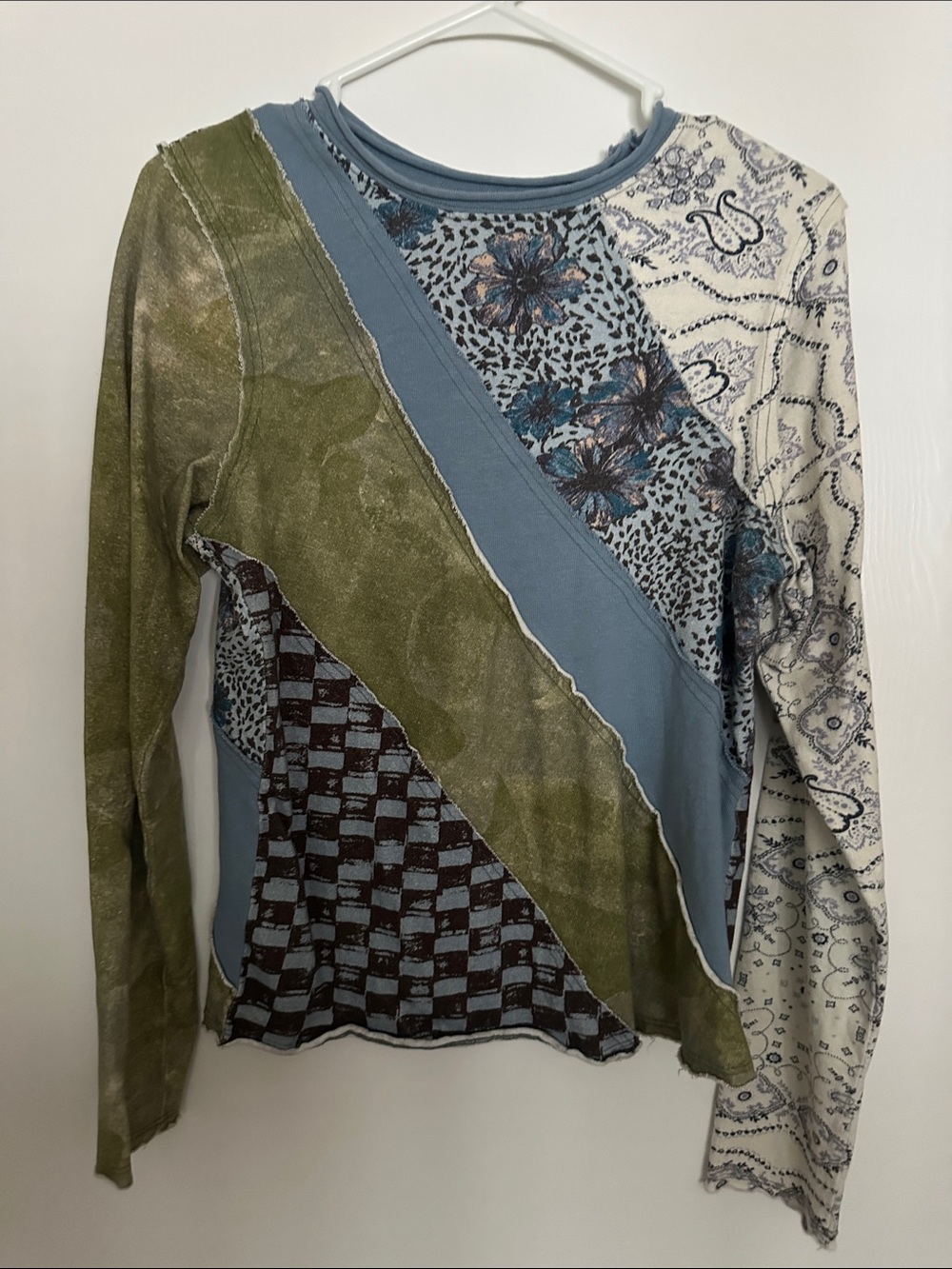 Free People Patchwork Long Sleeve Top in Olive, Blue & Cream